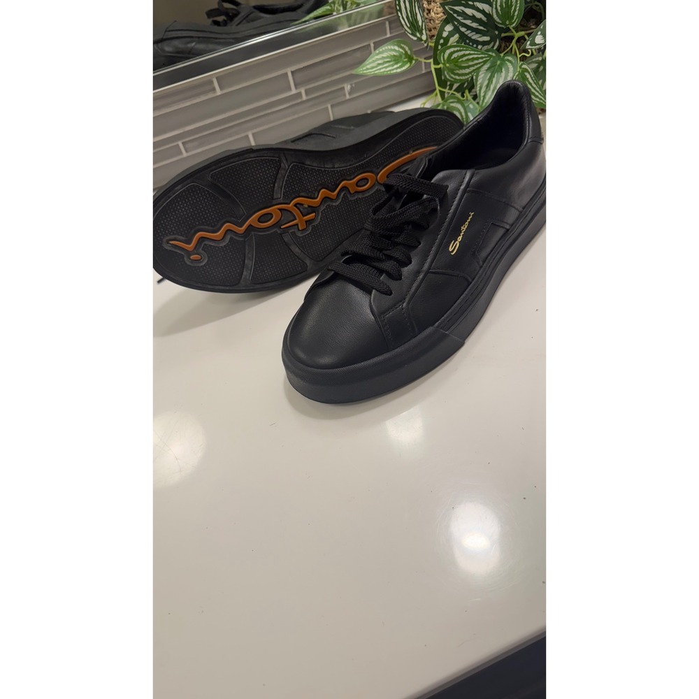 Santoni DBS Double Buckle Sneaker Mens 8 Black Leather Low Top Made in Italy